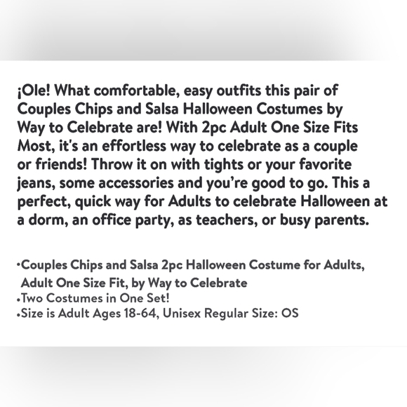 Couples Chips and Salsa 2pc Halloween Costume for Adults, Adult One Size Fit - Picture 7 of 7